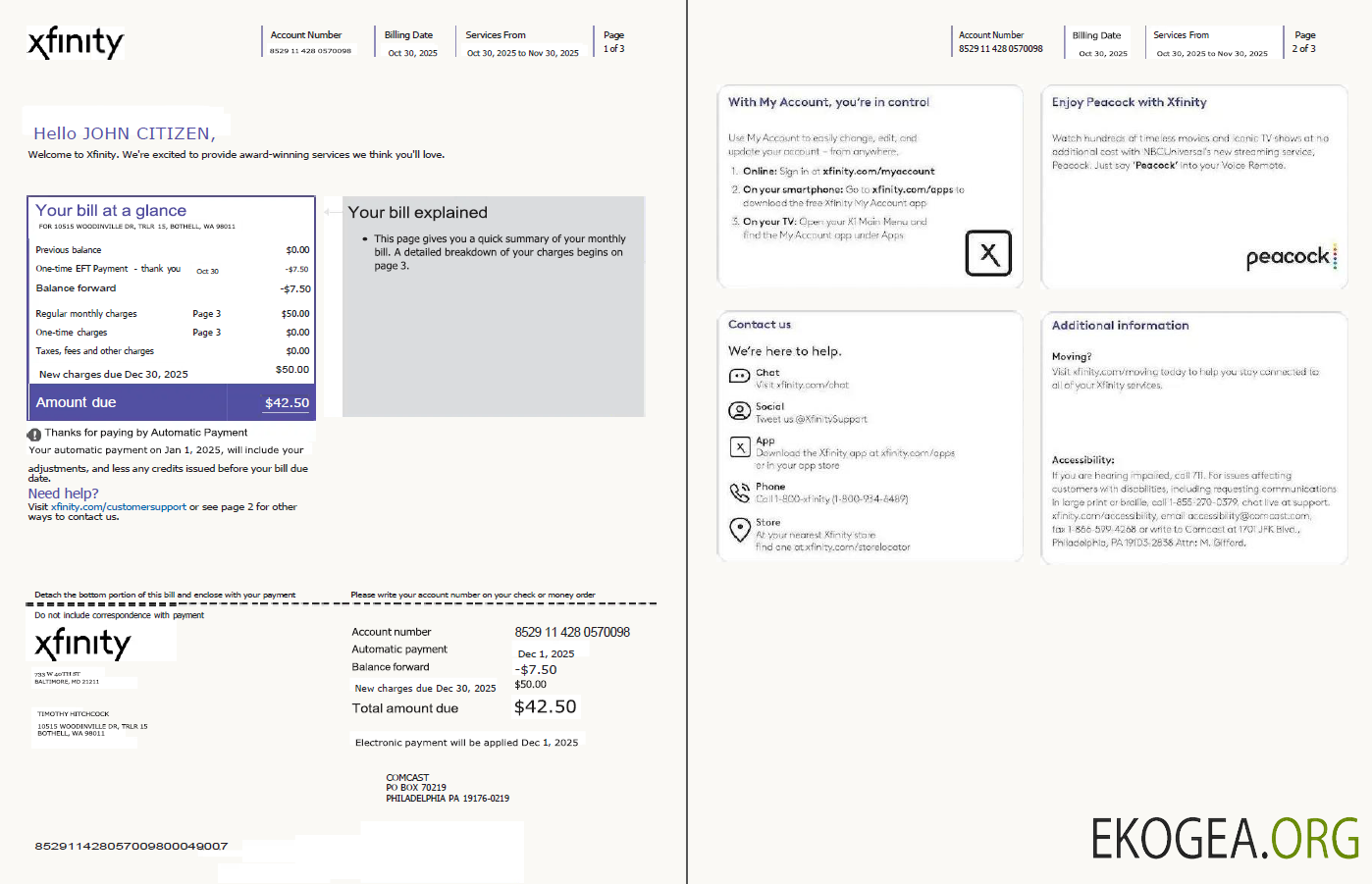 USA Xfinity utility bill template in Word and PDF formats, 3 pages, version 4, 1 2 pages